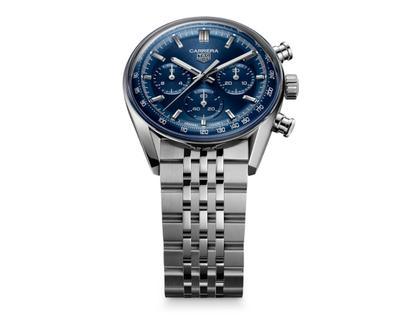 TAG Heuer Carrera Chronograph Automatik Edelstahl 41mm blaues Zifferblatt Metallband – Herrenuhren Chronograph aus Edelstahl. Das Gehäuse ist rund und silber. Das Edelstahlarmband ist silber. Das Zifferblatt ist ein Index in blau. – Ansicht 3