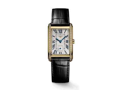Longines DolceVita  Medium Quarz Gelbgold Brillantbesatz silbernes Zifferblatt römisch Lederband – Damenuhren Uhr ohne Datum aus 750 Gelbgold, Edelstahl und Leder. Das Gehäuse ist rechteckig und gelbgold. Das Lederarmband Kroko / Alligator ist schwarz. Das Zifferblatt ist römisch und silber.