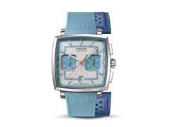 Union Glashütte Averin Chronograph Automatik Edelstahl 41mm weißes Zifferblatt blaues Kautschukband und blaues Lederband – Herrenuhren Chronograph aus Edelstahl, Kautschuk und Leder. Das Gehäuse ist quadratisch und silber. Das Lederarmband ist blau. Das Zifferblatt ist ein Index in weiß. – Ansicht 3