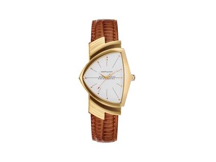 Hamilton Ventura Quartz Edelstahl PVD-Gelbgold 32x50mm weißes Zifferblatt braunes Lederband – Herrenuhren Uhr ohne Datum aus Edelstahl. Das Gehäuse ist sonstige Form und gelbgold. Das Lederarmband ist braun. Das Zifferblatt ist ein Index in weiß.