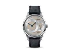 Union Glashütte 1893 Johannes Dürrstein Jubiläumsedition Große Sekunde Automatik Edelstahl 41mm beiges Zifferblatt schwarzes Lederband limitiert – Herrenuhren Uhr mit Datum aus Edelstahl und Leder. Das Gehäuse ist rund und silber. Das Lederarmband ist schwarz. Das Zifferblatt ist ein Index in beige.