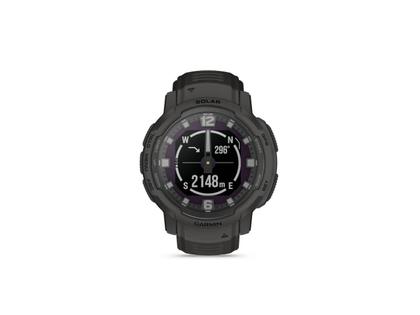 Garmin Instinct Crossover Solar faserverstärktes Polymer schiefergrau 45 mm Kautschukband schiefergrau – Herrenuhren Uhr Multifunktion aus Kautschuk und Kunststoff. Das Gehäuse ist rund und grau. Das Kautschuk / Kunststoff / Silikon Armband ist grau. Das Zifferblatt ist analog digital und schwarz. – Ansicht 3