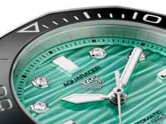 TAG Heuer Aquaracer Professional 300 Date Automatik Edelstahl 36mm türkises Zifferblatt mit Brillanten Metallband – Damenuhren Uhr mit Datum aus Edelstahl. Das Gehäuse ist rund und silber. Das Edelstahlarmband ist silber. Das Zifferblatt ist ein Index in grün. – Ansicht 2