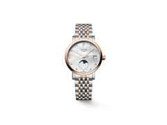Longines Elegant Collection Quarz Edelstahl 30mm weißes Perlmutt-Zifferblatt zweifarbiges Metallband – Damenuhren Uhr mit Datum aus 750 Gelbgold, Edelstahl und vergoldet. Das Gehäuse ist rund und silber. Das Edelstahlarmband mit Gold ist silber-roségold. Das Zifferblatt ist ein Index in weiß.