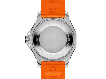 Breitling Superocean Automatic 36 Edelstahl orangenes Zifferblatt orangenes Kautschukband – Damenuhren Uhr ohne Datum aus Edelstahl und Keramik. Das Gehäuse ist rund und silber. Das Kautschuk / Kunststoff / Silikon Armband ist orange. Das Zifferblatt ist ein Index in orange. – Ansicht 2