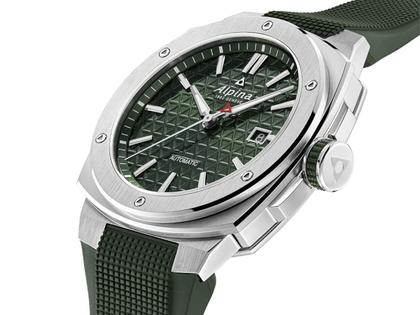 Alpina Alpiner Extreme Automatik Edelstahl 41mm grünes Zifferblatt grünes Kautschukband – Herrenuhren Uhr mit Datum aus Edelstahl und Kautschuk. Das Gehäuse ist rund und silber. Das Kautschuk / Kunststoff / Silikon Armband ist grün. Das Zifferblatt ist ein Index in grün. – Ansicht 3
