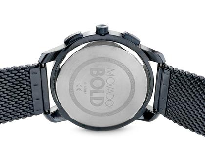 Juwelier Roller Movado Bold Quarz Edelstahl PVD-Blau 42mm blaues Zifferblatt Metallband 3600633 Occasion Neu – Herrenuhren Chronograph aus Edelstahl und PVD beschichtet. Das Gehäuse ist rund und blau. Das Edelstahlarmband ist blau. Das Zifferblatt ist arabisch Index und blau. – Ansicht 2