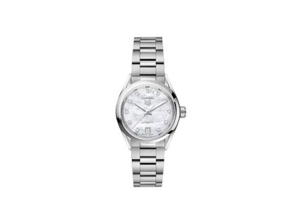 Damenuhren Uhr mit Datum aus Edelstahl. Das Gehäuse ist rund und silber. Das Edelstahlarmband ist silber. Das Zifferblatt ist ein Index in weiß.