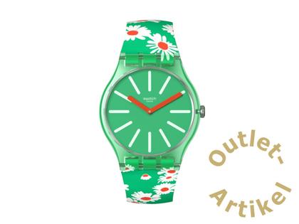 Swatch "Meadow Flowers" Quarz Kunststoff 41mm grünes Zifferblatt grünes Silikonband – Herrenuhren Uhr ohne Datum aus Kunststoff. Das Gehäuse ist rund und grün. Das Kautschuk / Kunststoff / Silikon Armband ist grün. Das Zifferblatt ist ein Index in grün.