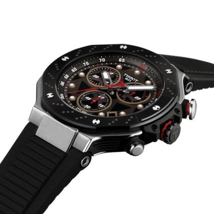 Tissot T-Race MotoGP                   2025 Chronograph Limited Edition Quarz Edelstahl 45mm schwarz-braunes Zifferblatt schwarzes Silikonband – Herrenuhren Chronograph aus Edelstahl und PVD beschichtet. Das Gehäuse ist rund und silber. Das Kautschuk / Kunststoff / Silikon Armband ist schwarz. Das Zifferblatt ist ein Index in schwarz. – Ansicht 4