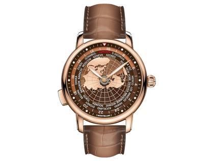 Herrenuhren Uhr ohne Datum aus 750 Rotgold. Das Gehäuse ist rund und rotgold. Das Lederarmband Kroko / Alligator ist braun. Das Zifferblatt ist arabisch Index und braun.