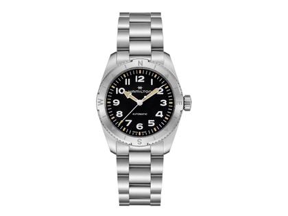 Hamilton Khaki Field Expedition Automatik Edelstahl 37mm schwarzes Zifferblatt Metallband – Herrenuhren Uhr ohne Datum aus Edelstahl. Das Gehäuse ist rund und silber. Das Edelstahlarmband ist silber. Das Zifferblatt ist arabisch und schwarz.