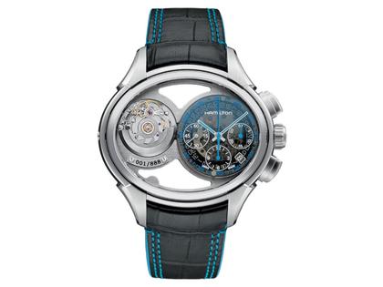 Herrenuhren Chronograph aus Edelstahl und Leder. Das Armband ist ein Lederarmband. Der Zifferblatt ist ein Index.