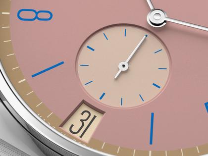 Nomos Glashütte Tangente 38 Datum "175 Years Watchmaking - Pompadour" Handaufzug Edelstahl rosa Zifferblatt graues Textilband Glasboden – Herrenuhren Uhr mit Datum aus Edelstahl. Das Gehäuse ist rund und silber. Das Textilarmband ist grau. Das Zifferblatt ist arabisch Index und rosa. – Ansicht 5