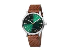 Mühle Glashütte Panova Grün Automatik Edelstahl 40mm braunes Lederband – Herrenuhren Uhr ohne Datum aus Edelstahl und Leder. Das Gehäuse ist rund und silber. Das Lederarmband ist braun. Das Zifferblatt ist ein Index in grün.