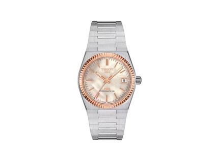 Tissot PRX Automatik Edelstahl 35mm weißes Perlmutt-Zifferblatt Metallband – Damenuhren Uhr mit Datum aus 750 Rotgold und Edelstahl. Das Gehäuse ist rund und silber-roségold. Das Edelstahlarmband ist silber. Das Zifferblatt ist ein Index in silber.