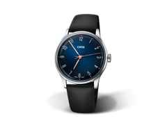 Oris Artelier James Morrison Acadamy of Music Limited Edition – Herrenuhren Uhr ohne Datum aus Edelstahl. Das Gehäuse ist rund und silber. Das Lederarmband ist schwarz. Das Zifferblatt ist ein Index in blau.