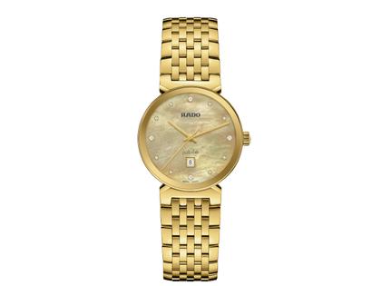 Damenuhren Uhr mit Datum aus Edelstahl und PVD beschichtet. Das Gehäuse ist rund und gelbgold. Das Edelstahlarmband ist gelbgold. Das Zifferblatt ist ein Index in gelbgold.