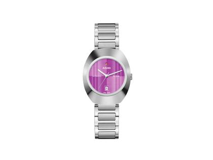 Damenuhren Uhr mit Datum aus Edelstahl und Keramik. Das Gehäuse ist oval und silber. Das Edelstahlarmband ist silber. Das Zifferblatt ist ohne Zeichen und lila.