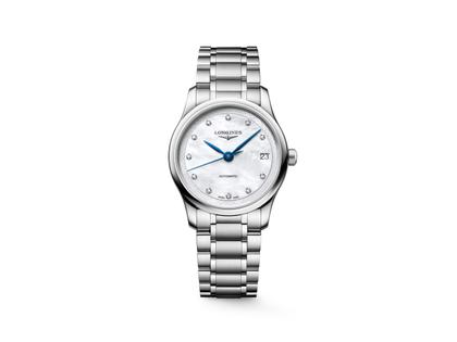 Longines Master Collection Automatik Edelstahl 34mm weißes Perlmutt-Zifferblatt mit Diamanten Metallband – Damenuhren Uhr mit Datum aus Edelstahl. Das Gehäuse ist rund und silber. Das Edelstahlarmband ist silber. Das Zifferblatt ist ein Index in weiß.