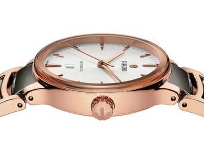 Rado Centrix Diamonds Automatik Edelstahl Roségold-PVD 30,5mm weißes Zifferblatt Metallband – Damenuhren Uhr mit Datum aus Edelstahl, Keramik und PVD beschichtet. Das Gehäuse ist rund und roségold. Das Keramikarmband ist grau. Das Zifferblatt ist ein Index in weiß. – Ansicht 3