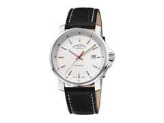 Mühle Glashütte 29er Big Automatik Edelstahl 42,4mm weißes Zifferblatt schwarzes Lederband – Herrenuhren Uhr mit Datum aus Edelstahl. Das Gehäuse ist rund und silber. Das Lederarmband ist schwarz. Das Zifferblatt ist ein Index in weiß.