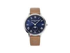 Frederique Constant Classics Moonphase Quarz Edelstahl 39mm blaues Zifferblatt braunes Lederband – Herrenuhren Uhr ohne Datum aus Edelstahl und Leder. Das Gehäuse ist rund und silber. Das Lederarmband ist braun. Das Zifferblatt ist römisch und blau.