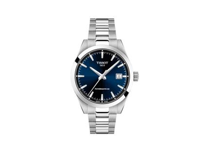 Tissot Gentleman Automatik Edelstahl 38mm blaues Zifferblatt Metallband – Herrenuhren Uhr mit Datum aus Edelstahl. Das Gehäuse ist rund und silber. Das Edelstahlarmband ist silber. Das Zifferblatt ist ein Index in blau.