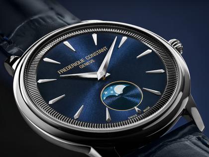 Frederique Constant Classics Moneta Moonphase Quarz 37mm blaues Zifferblatt blaues Lederband – Herrenuhren Uhr ohne Datum aus Edelstahl und Leder. Das Gehäuse ist rund und silber. Das Lederarmband ist blau. Das Zifferblatt ist ein Index in blau. – Ansicht 3