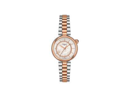 Tissot Desir Automatik Edelstahl Roségold-PVD 28mm Perlmutt-Zifferblatt Metallband – Damenuhren Uhr mit Datum aus Edelstahl und PVD beschichtet. Das Gehäuse ist rund und silber. Das Edelstahlarmband ist silber-roségold. Das Zifferblatt ist ein Index in weiß.
