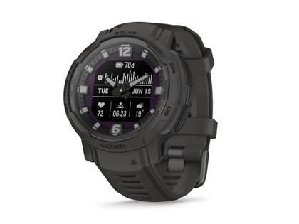 Garmin Instinct Crossover Solar faserverstärktes Polymer schiefergrau 45 mm Kautschukband schiefergrau – Herrenuhren Uhr Multifunktion aus Kautschuk und Kunststoff. Das Gehäuse ist rund und grau. Das Kautschuk / Kunststoff / Silikon Armband ist grau. Das Zifferblatt ist analog digital und schwarz. – Ansicht 2