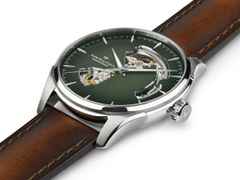 Hamilton Jazzmaster Open Heart Automatik Edelstahl 40mm grünes Zifferblatt braunes Lederband – Herrenuhren Uhr ohne Datum aus Edelstahl und Leder. Das Gehäuse ist rund und silber. Das Lederarmband ist braun. Das Zifferblatt ist ein Index in grün. – Ansicht 2