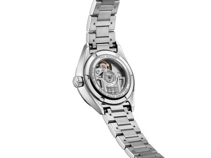 TAG Heuer Carrera Date Automatik Edelstahl 29mm weißes Perlmutt-Zifferblatt mit Brillanten Metallband – Damenuhren Uhr mit Datum aus Edelstahl. Das Gehäuse ist rund und silber. Das Edelstahlarmband ist silber. Das Zifferblatt ist ein Index in weiß. – Ansicht 2