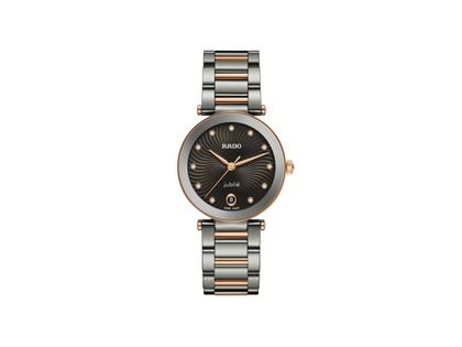 Rado LaCoupole Diamonds Quarz Edelstahl 31mm graues Zifferblatt mit Brillanten Keramikband – Damenuhren Uhr mit Datum aus Edelstahl und Keramik. Das Gehäuse ist rund und grau. Das Edelstahlarmband ist grau. Das Zifferblatt ist ein Index in grau.
