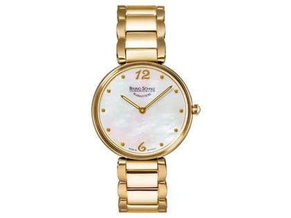 Bruno Söhnle Glashütte Salerno IP  gelb Edelstahl Perlmutt Edelstahlband – Damenuhren Uhr ohne Datum aus Edelstahl und IP beschichtet. Das Gehäuse ist rund und gelbgold. Das vergoldetes Edelstahlarmband ist gelbgold. Das Zifferblatt ist arabisch Index und weiß.
