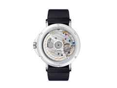 Nomos Glashütte Ahoi neomatik Atlantik Automatik Edelstahl 36mm blaues Zifferblatt schwarzes Textilband Glasboden – Damenuhren Uhr ohne Datum aus Edelstahl. Das Gehäuse ist rund und silber. Das Textilarmband ist blau. Das Zifferblatt ist arabisch Index und blau. – Ansicht 3
