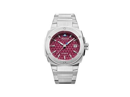 Herrenuhren Uhr mit Datum aus Edelstahl. Das Gehäuse ist rund und silber. Das Edelstahlarmband ist silber. Das Zifferblatt ist ein Index in rot.