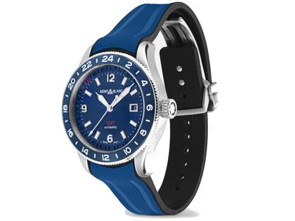 Montblanc 1858 GMT blau Kautschukband – Herrenuhren Uhr mit Datum aus Edelstahl und Keramik. Das Gehäuse ist rund und silber. Das Kautschuk / Kunststoff / Silikon Armband ist blau. Das Zifferblatt ist arabisch Index und blau. – Ansicht 2