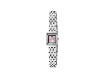 Gucci G-Frame Quarz Edelstahl 14x18mm rosafarbenes Zifferblatt Metallband YA128539 – Damenuhren Uhr ohne Datum aus Edelstahl. Das Gehäuse ist quadratisch und silber. Das Edelstahlarmband ist silber. Das Zifferblatt ist ein Index in rosa.