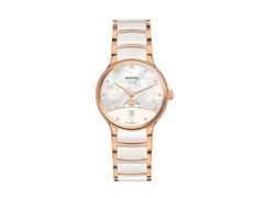 Rado Centrix Diamonds Quarz Edelstahl Roségold-PVD 35mm weißes Perlmutt-Zifferblatt mit Brillanten Metallband – Damenuhren Uhr mit Datum aus Edelstahl, Keramik und PVD beschichtet. Das Gehäuse ist rund und roségold. Das Edelstahlarmband ist roségold. Das Zifferblatt ist ein Index in weiß.