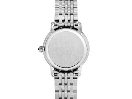 Frederique Constant Slimline Ladies Moonphase Quarz Edelstahl 30mm Perlmutt-Zifferblatt Metallband – Damenuhren Uhr ohne Datum aus Edelstahl. Das Gehäuse ist rund und silber. Das Edelstahlarmband ist silber. Das Zifferblatt ist ein Index in blau. – Ansicht 2