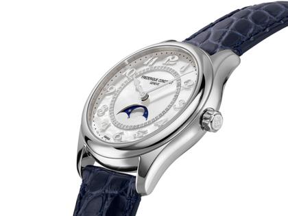 Frederique Constant Classics Elegance Luna Automatik Edelstahl 36mm weißes Zifferblatt blaues Lederband – Damenuhren Uhr ohne Datum aus Edelstahl und Leder. Das Gehäuse ist rund und silber. Das Lederarmband ist blau. Das Zifferblatt ist arabisch und weiß. – Ansicht 2