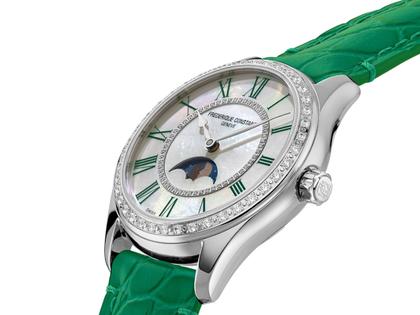 Frederique Constant Classics Elegance Luna Automatik Edelstahl 36mm weißes Zifferblatt grünes Lederband – Damenuhren Uhr ohne Datum aus Edelstahl und Leder. Das Gehäuse ist rund und silber. Das Lederarmband ist grün. Das Zifferblatt ist römisch und weiß. – Ansicht 2