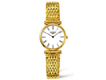 Longines La Grande Classique Damenuhr XS goldfarben römisch Metallband – Damenuhren Uhr ohne Datum aus Edelstahl und PVD beschichtet. Das Armband ist ein vergoldetes Edelstahlarmband. Der Zifferblatt ist römisch.