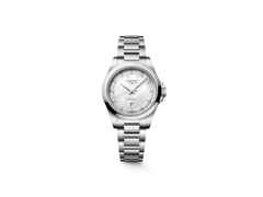 Longines Conquest Quarz Edelstahl 30mm weißes Perlmutt-Zifferblatt mit Diamanten Metallband – Damenuhren Uhr mit Datum aus Edelstahl. Das Gehäuse ist rund und silber. Das Edelstahlarmband ist silber. Das Zifferblatt ist ein Index in weiß.