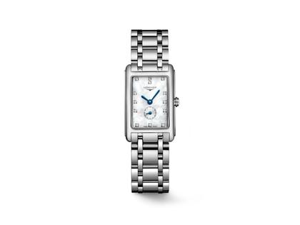 Longines DolceVita   Mini Quarz Edelstahl 21x32mm Perlmutt-Zifferblatt mit Brillanten Metallband – Damenuhren Uhr ohne Datum aus Edelstahl. Das Gehäuse ist rechteckig und silber. Das Edelstahlarmband ist silber. Das Zifferblatt ist ein Index in weiß.