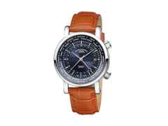 Mühle Glashütte Teutonia II Weltzeit Herrenuhr mit zweiter Zeitzone nachtblau Lederband – Herrenuhren Uhr mit Datum aus Edelstahl. Das Gehäuse ist rund und silber. Das Lederarmband ist braun. Das Zifferblatt ist ein Index in blau.