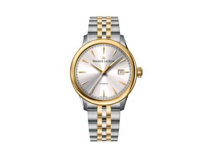 Maurice Lacroix 1975 Duoton Quarz Edelstahl 39mm silberfarbenes Zifferblatt zweifarbiges Metallband – Herrenuhren Uhr mit Datum aus Edelstahl und PVD beschichtet. Das Gehäuse ist rund und silber. Das Edelstahlarmband ist silber-gelbgold. Das Zifferblatt ist ein Index in silber.