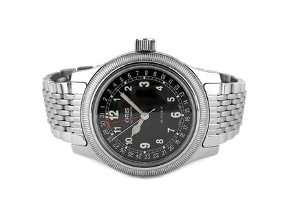 Oris Big Crown Pointer Date Automatik Edelstahl 44mm schwarzes Zifferblatt Metallband 01 654 7503 Garantie Occasion Refurbished – Herrenuhren Uhr mit Datum aus Edelstahl. Das Gehäuse ist rund und silber. Das Edelstahlarmband ist silber. Das Zifferblatt ist arabisch und schwarz.