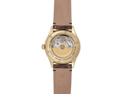 Frederique Constant Classics Elegance Luna Automatik Edelstahl 36mm weißes Zifferblatt braunes Lederband – Damenuhren Uhr ohne Datum aus Edelstahl, Leder und PVD beschichtet. Das Gehäuse ist rund und silber. Das Lederarmband ist braun. Das Zifferblatt ist arabisch und weiß. – Ansicht 3